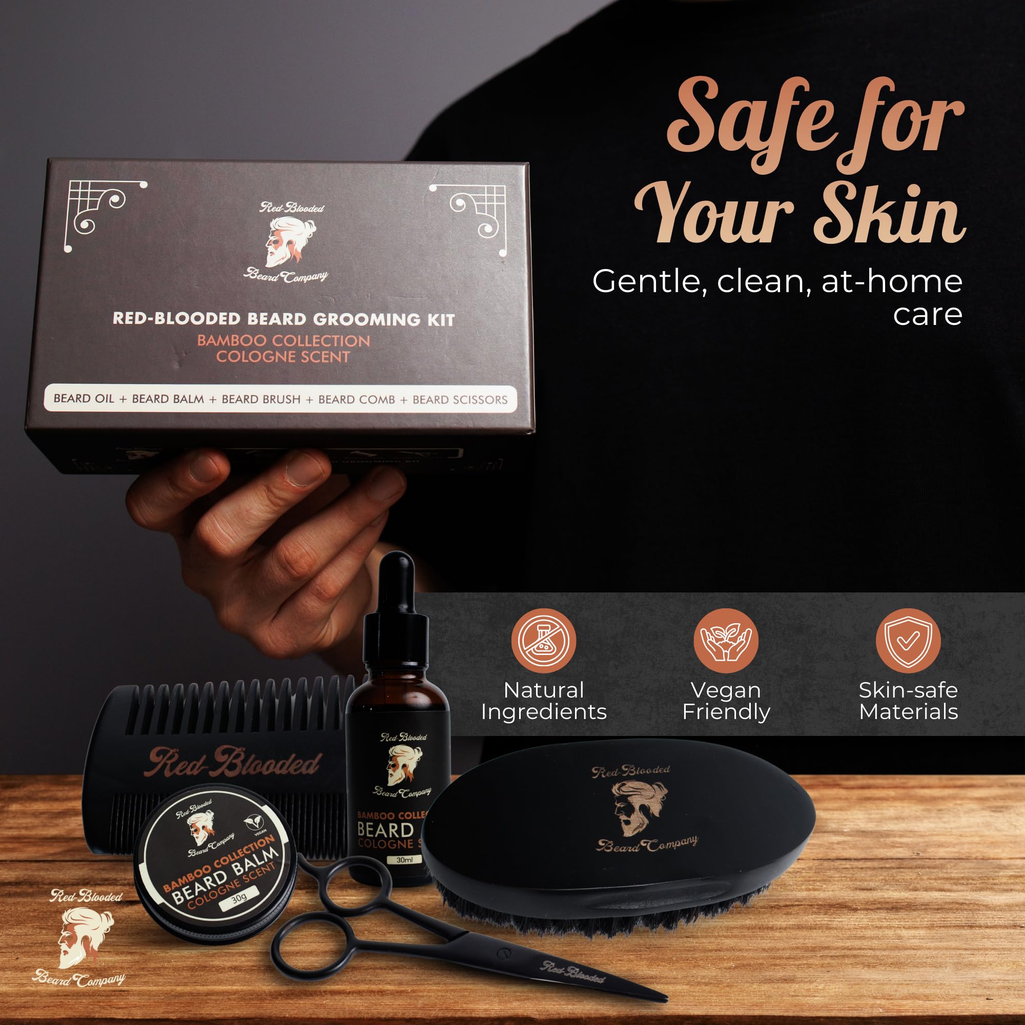 Red-Blooded kit barba hombre con aceite para barba, bálsamo para barba, cepillo para barba, peine para barba y tijeras para barba. Colonia perfumada hecha con aceite de jojoba y aceite de macadamia