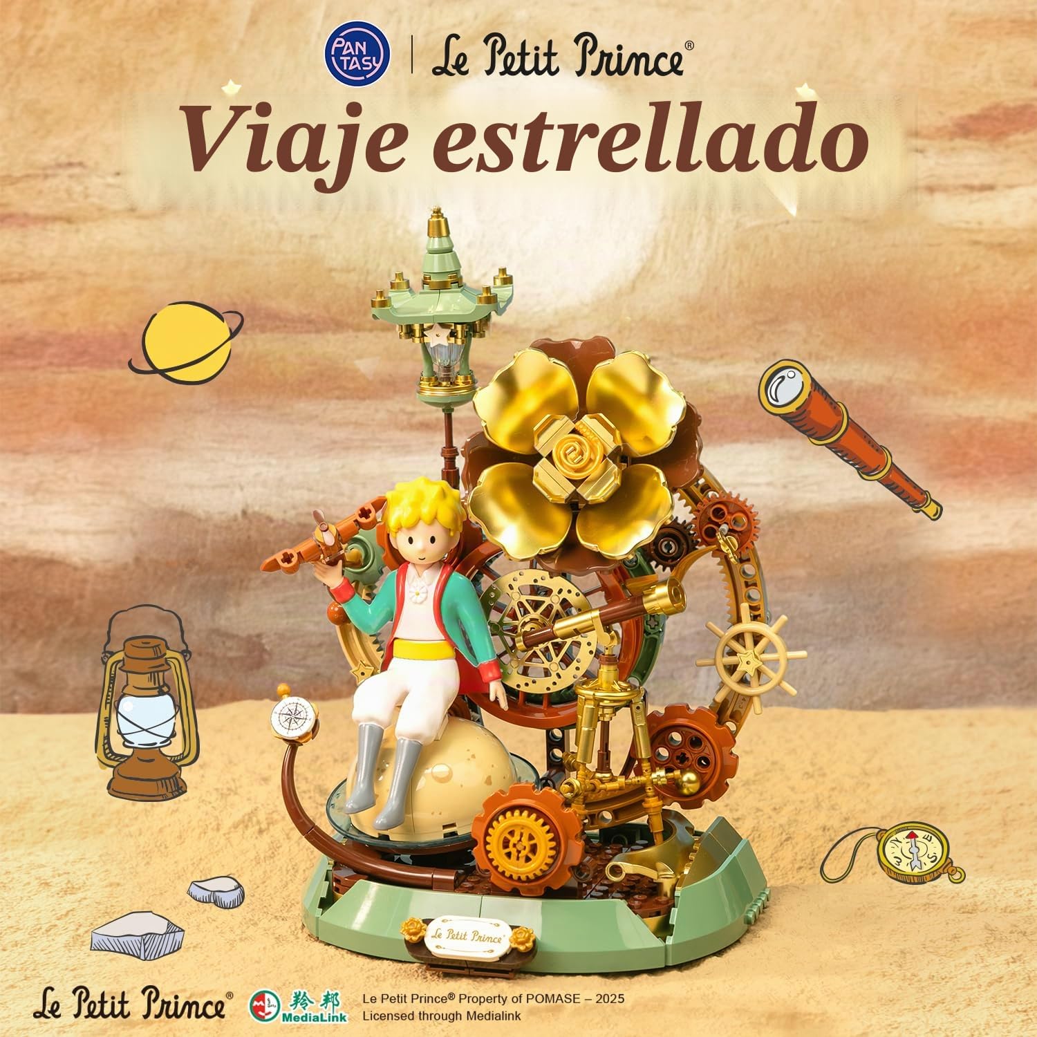 PANTASY The Little Prince Starry Journey - Juego de construcción con diseño de diorama mecánico inspirado en Steampunk con base de planeta, engranajes y telescopio, modelo de exhibición coleccionable