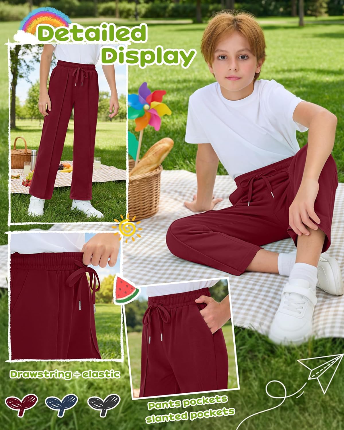 3 Pack Boys Wide Leg Sweatpants Baggy Athletic Drawstring Sweat Pants Elastic Waist Kids Joggers with Pockets