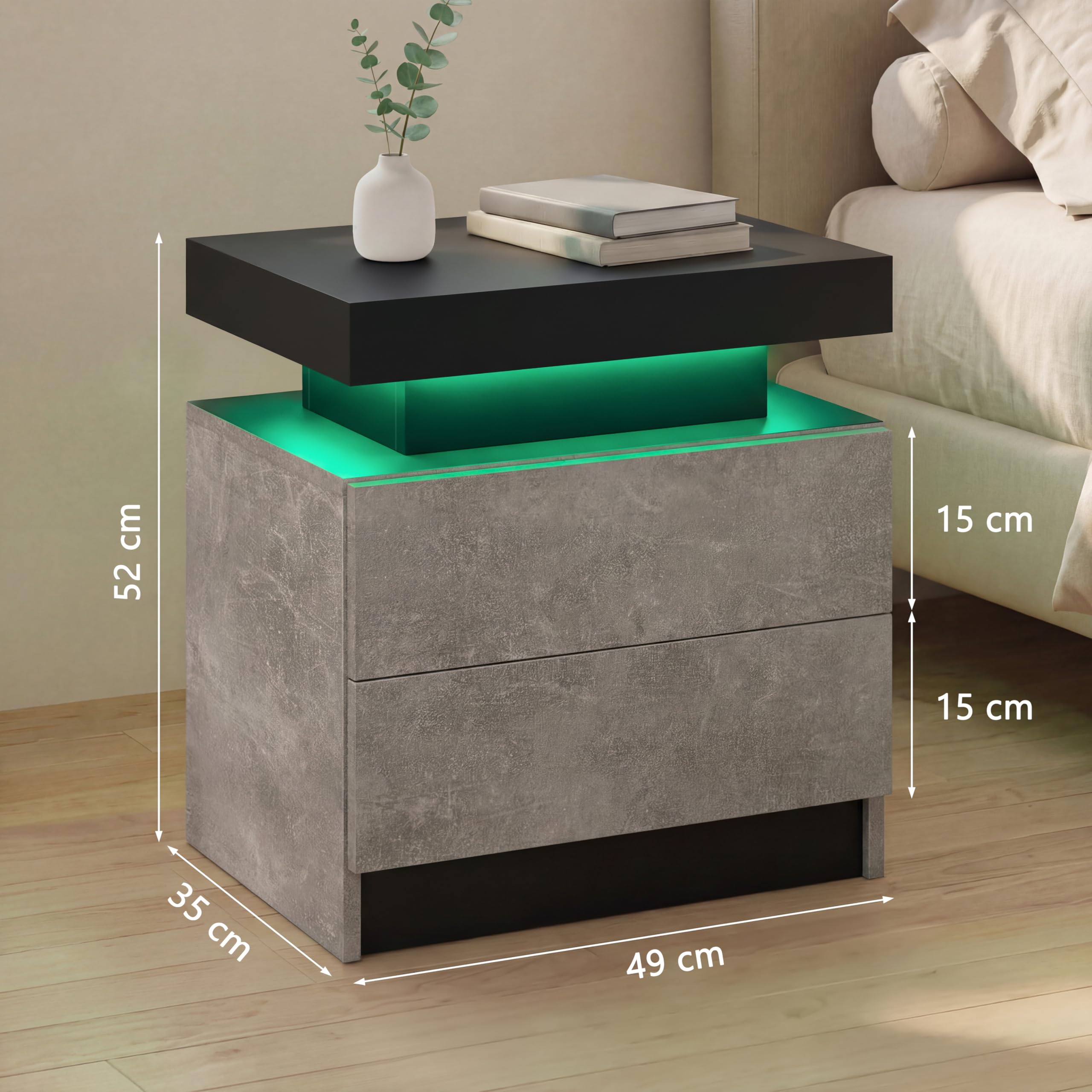 Cubehom LED Nachttisch Nachtschrank mit Led Licht, Modern Nachtkommode mit 2 Schubladen für Wohnzimmer, Schlafzimmer (Grauschwarz, 2)