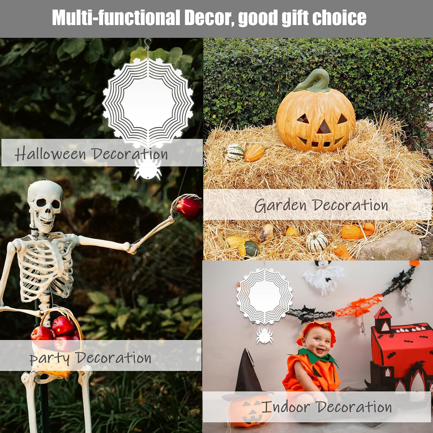 4Pack 8 inch Sublimation Wind Spinner Blanks 3D Aluminum Metal Wind Sculpture Kinetic Spinners for Yard and Garden Indoor Art Ornaments Hanging Decoration (Halloween Spider)