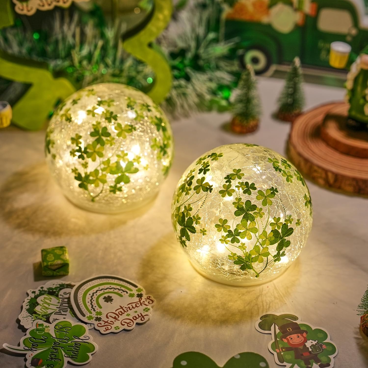 FESTGLOX [Timer St Patrick's Day Decorations with LED Lights, Set of 2 Crackle Glass Shamrock Decorative Ball, Light Up Clover Globe for Lucky Home Table Centerpiece Mantle Party Decor