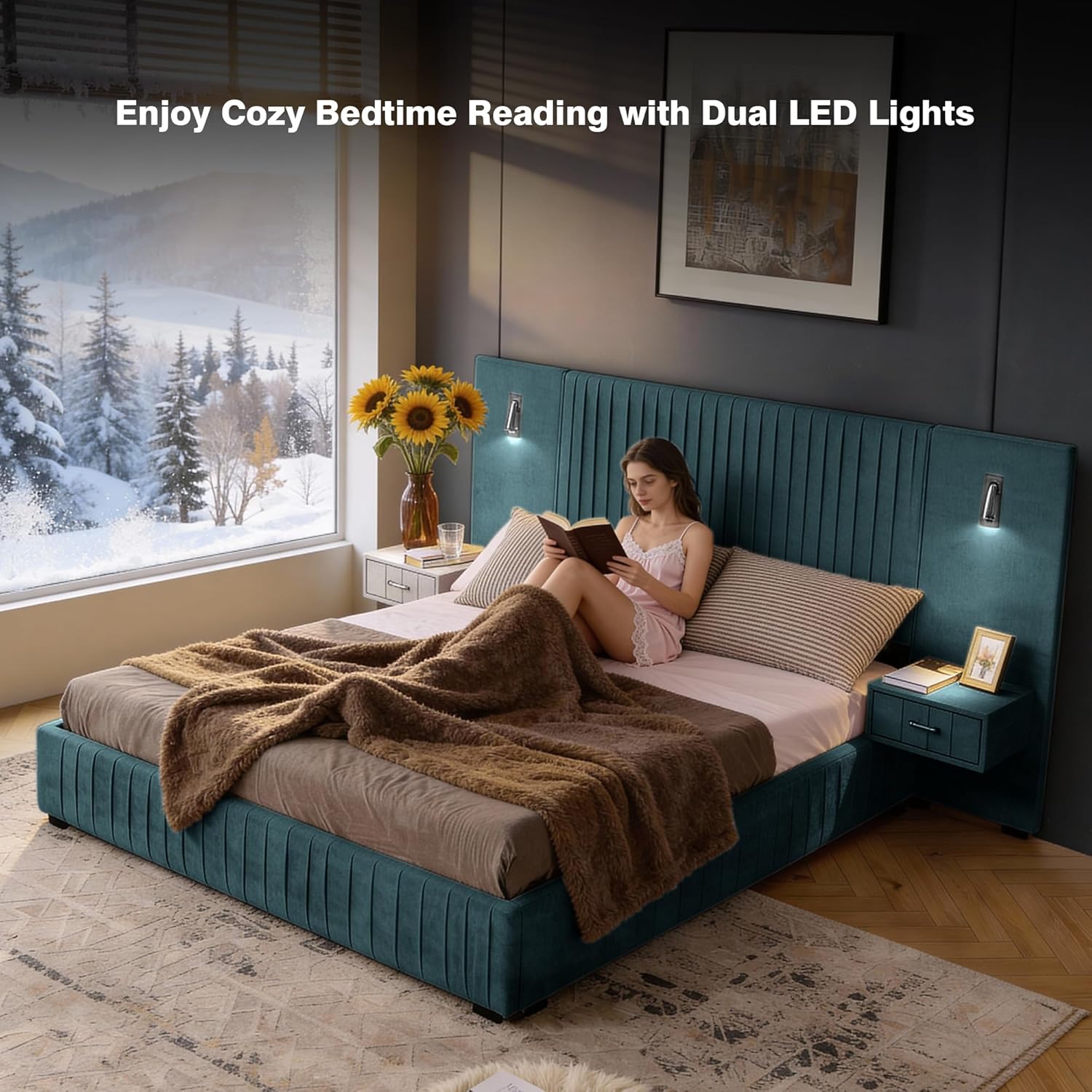 Luxury Queen Size Bed Frame with Oversized Upholstered Headboard, Modern Chenille Upholstered Platform Bed Frame with Gold LED Lights, Nightstands, No Box Spring Needed, Blue