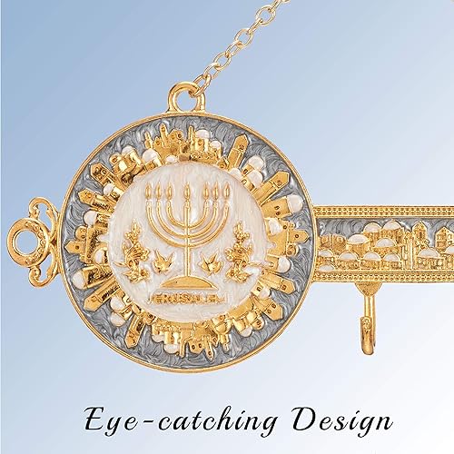 Miniatura 5 de Matashi Pintado a mano en esmalte gris y marfil Menorah y Jerusalén Cityscape - Ganchos decorativos de pared colgantes para entrada, pasillo,