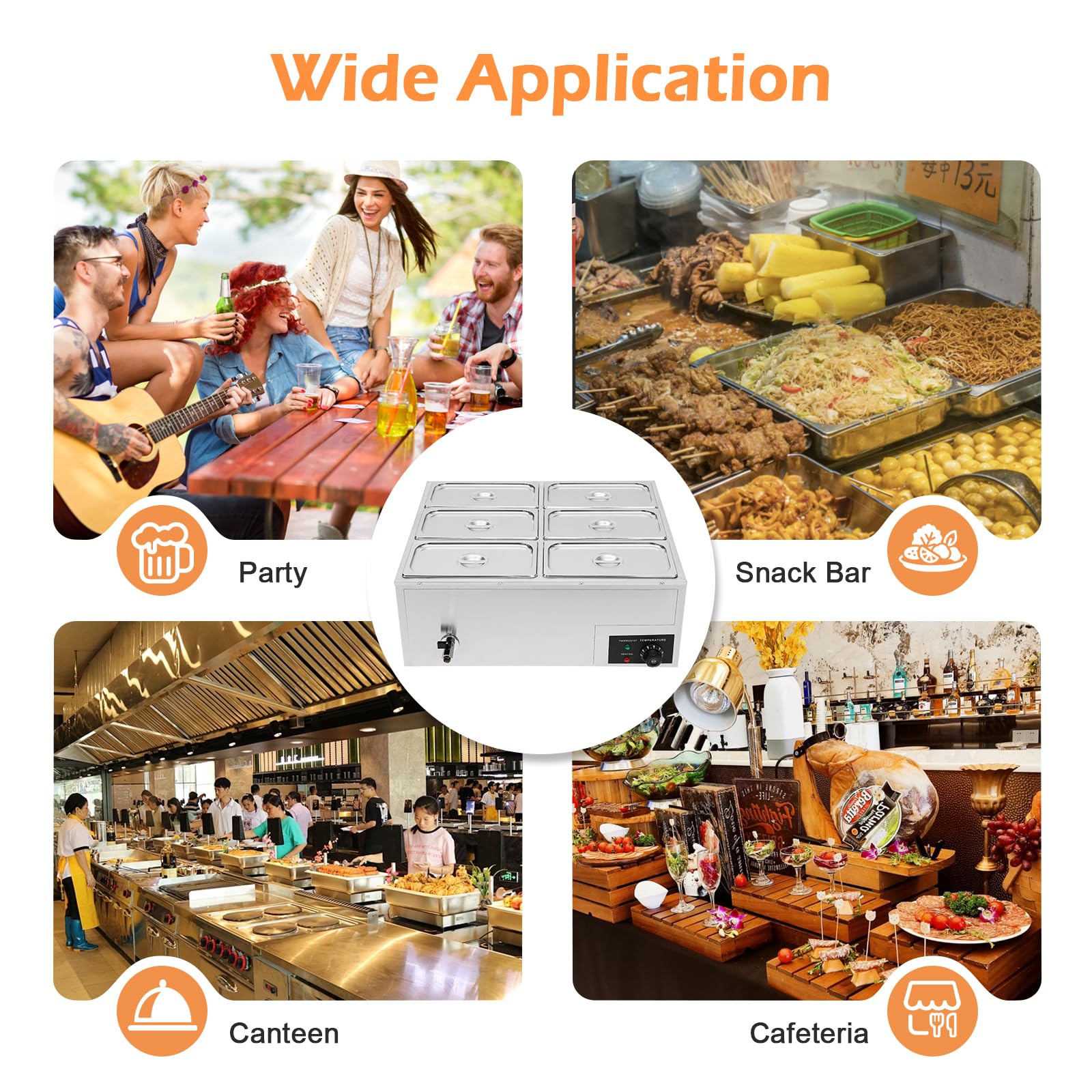 Commercial Electric Food Warmer 6-Pan Buffet Countertop Steam Table 850W Stainless Steel Electric Food Warmer 110V Electric Steam Table for Catering Restaurant