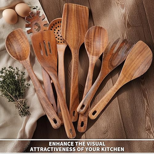 Miniatura 7 de Juego de 9 piezas de utensilios de cocina - Cucharas de madera para cocinar, utensilios de madera de teca natural - Incluye cucharas de madera,