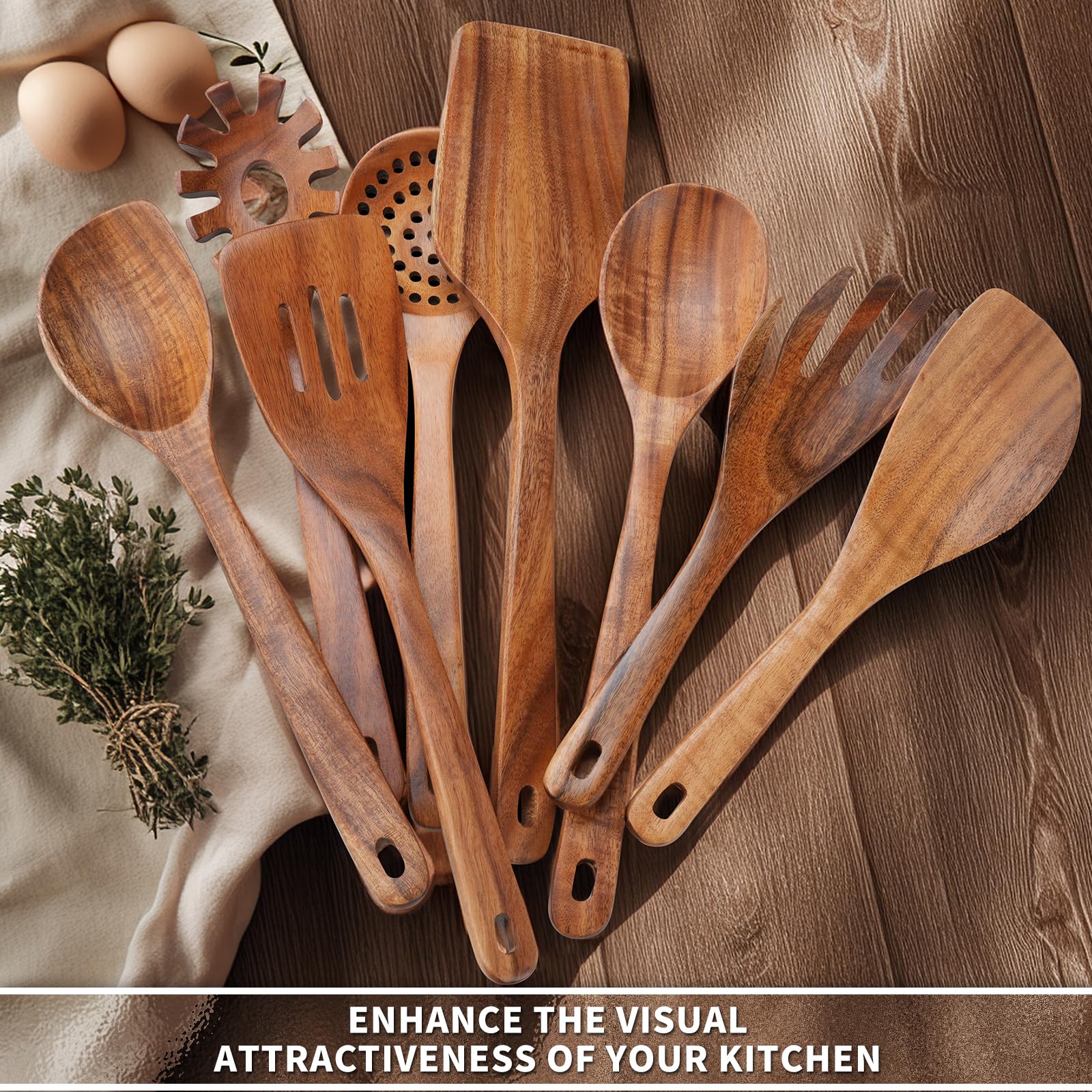 Juego de 9 utensilios de cocina, cucharas de madera para cocinar, utensilios de madera de teca natural, incluye cucharas de madera, juego de espátulas, cuchara ranurada, juego de cucharas de