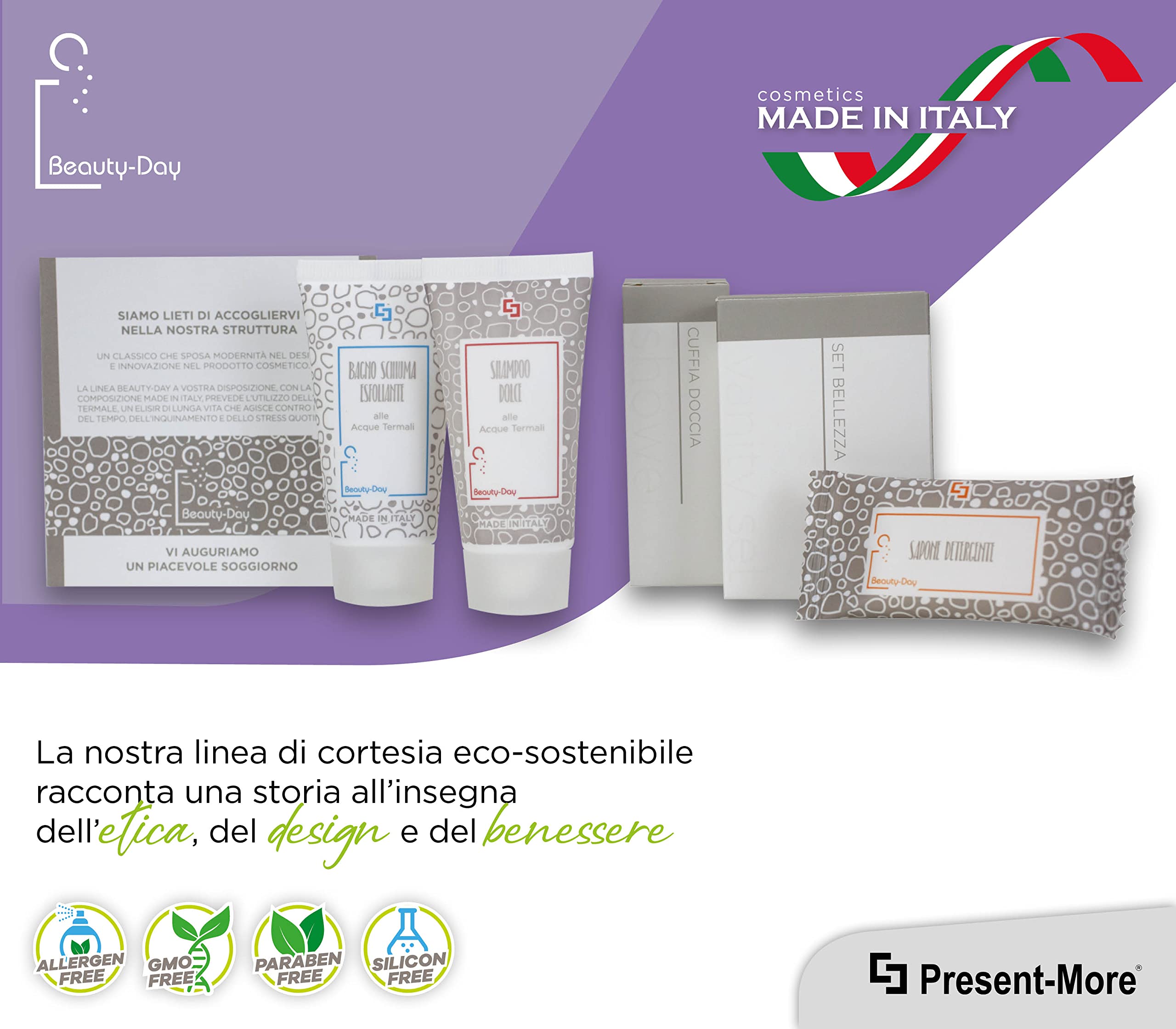 PRESENT-MORE - Set Cortesia 35 Ospiti Beauty-Day Italy | Fragranza Ylang Ylang - Shampoo, Gel Doccia, Sapone, Cuffia e Vanity - Made in Italy - Per Hotel e B&B