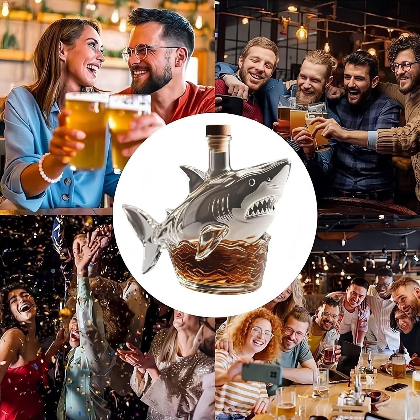 300 ml Karafka do whisky - rzeźba artystyczna, karafka do wina i whisky 3D w kształcie rekina, ręcznie dmuchana szklana rzeźba, odporny na wyciek dekoracyjny prezent (shark+4 kubki)