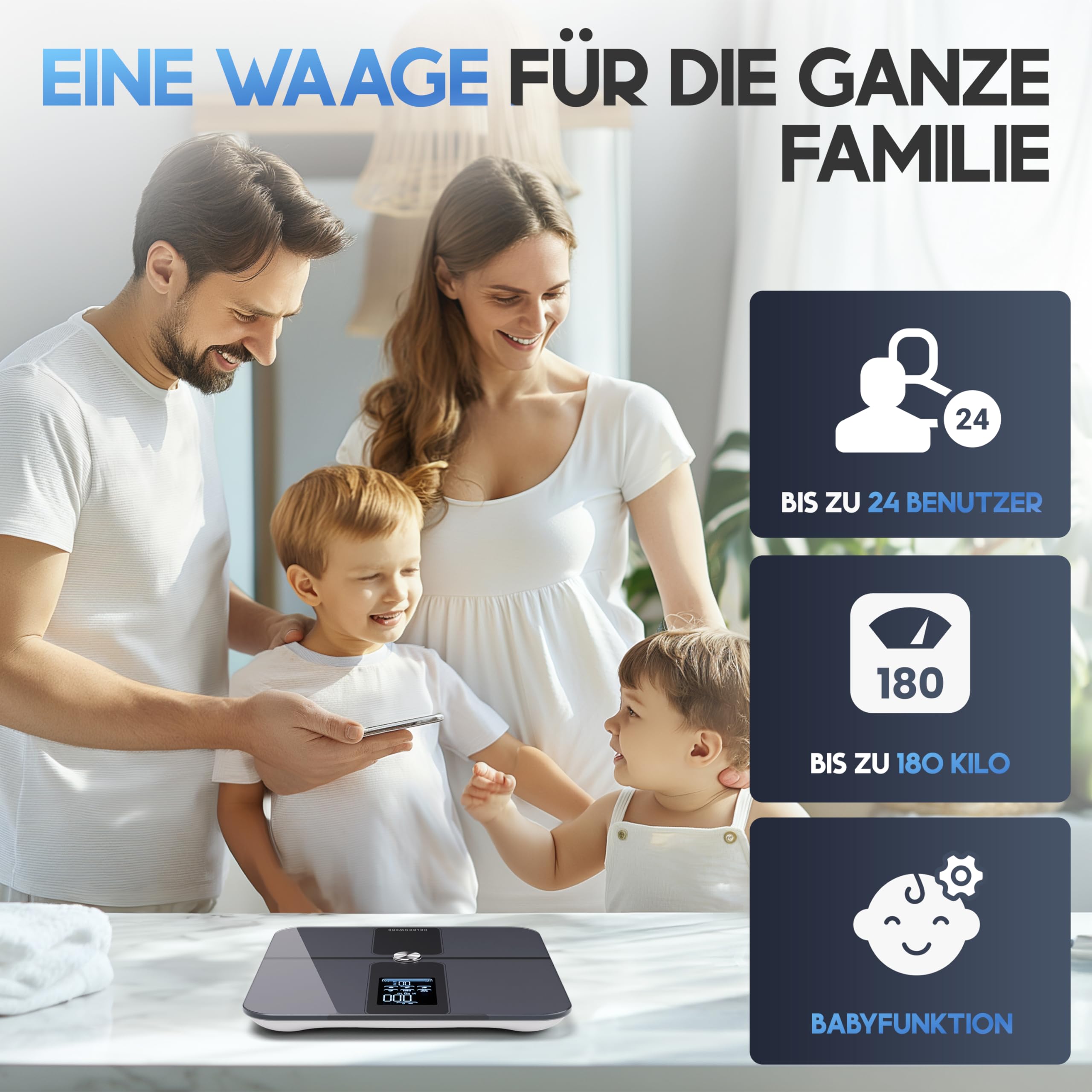 HELDENWERK Personenwaage Körperfettwaage, Waage Personen mit App & Vollflächensensor 180 kg/400 lbs, Körperwaage Digital, Bluetooth Körperanalysewaage für Körperfett, BMI, Muskelmasse, Protein, BMR