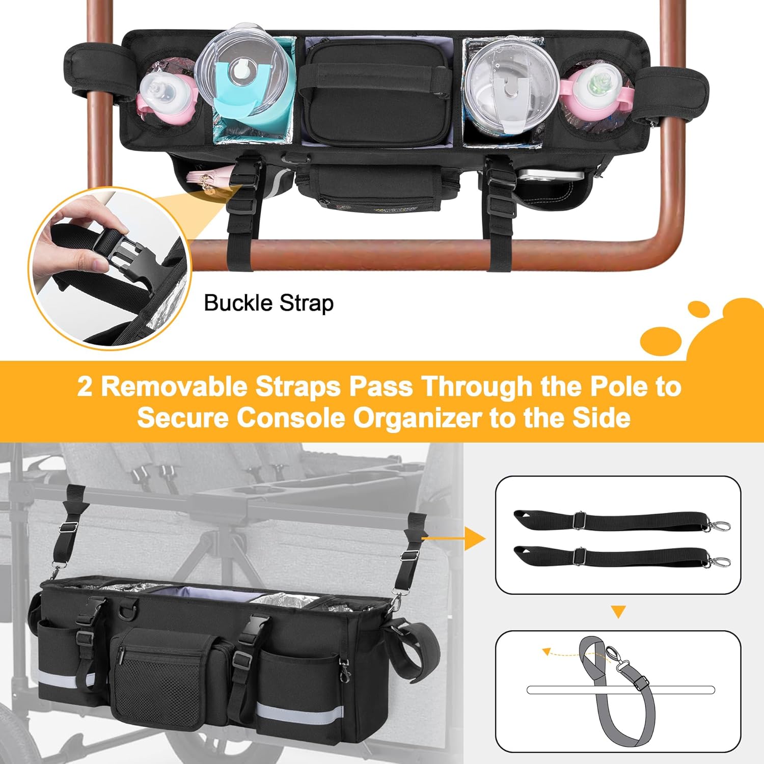 Parent Console Stroller Organizer Compatible with WONDERFOLD W4, with Four Insulated Cup Holders, a Removable Cooler Bag, Special Board Design Make It Not Easy Collapse and Tilting, Black