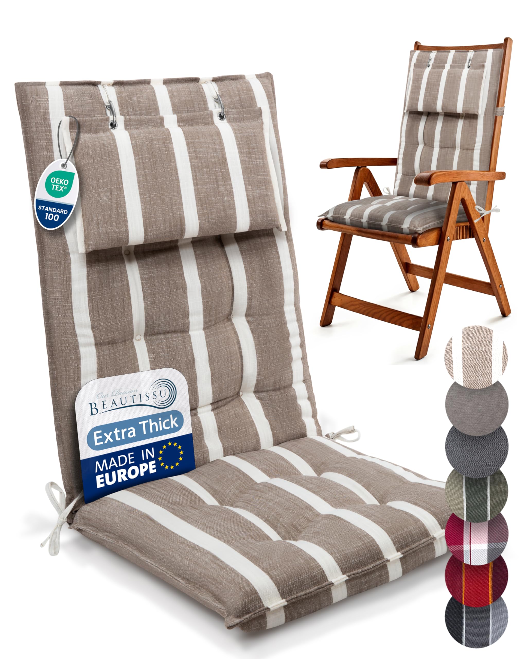 Beautissu Set of 3 Premium Outdoor Chair Cushion High Back with Head Pillow 120x50 cm - UV 8 cm Thick Padding Seat Cushions for Garden Chairs Non-Slip Fastening Straps - White Beige - Sun-HL