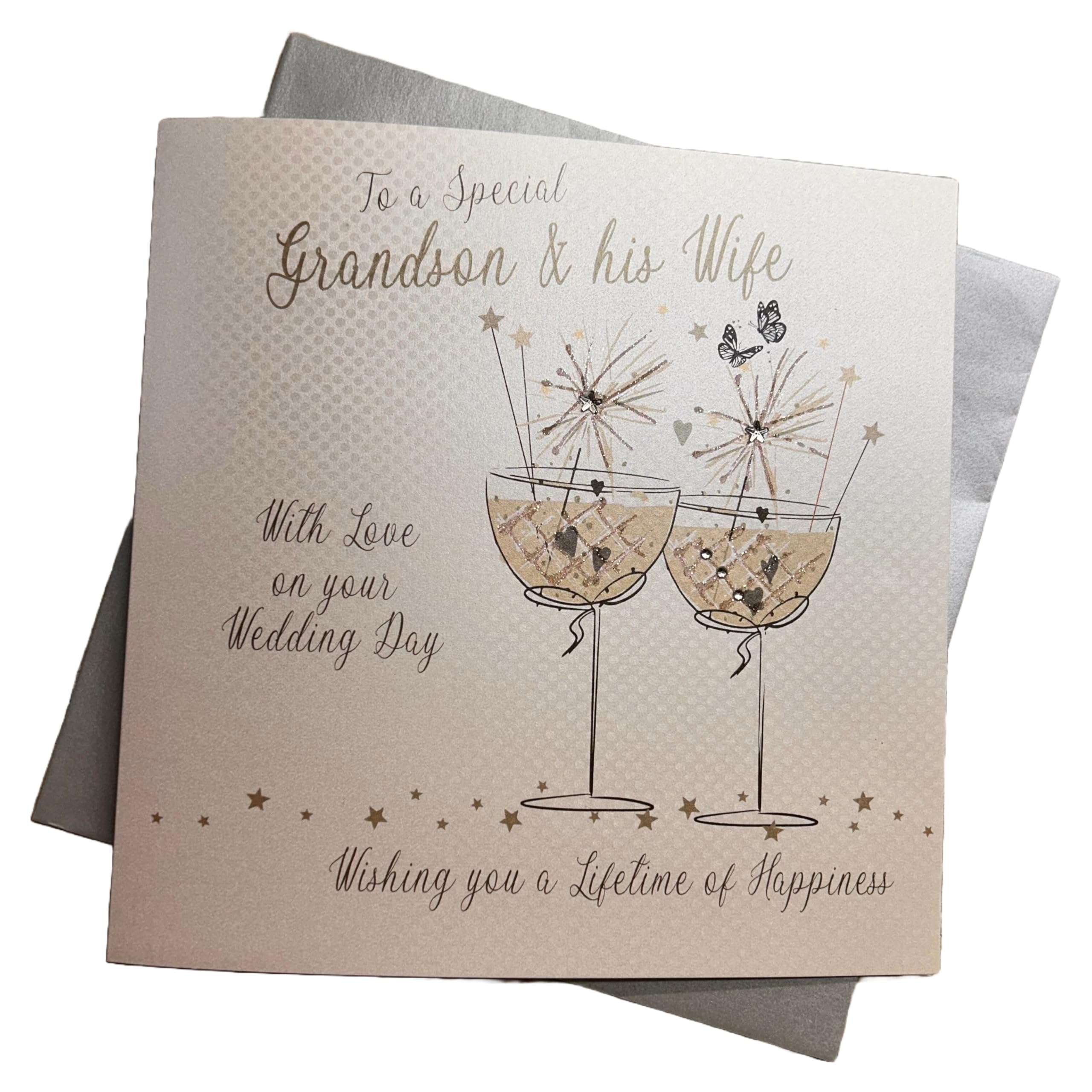 white cotton cards Large Champagne Flutes to a Special Grandson & His Wife Day Handmade Wedding Card, XBD83