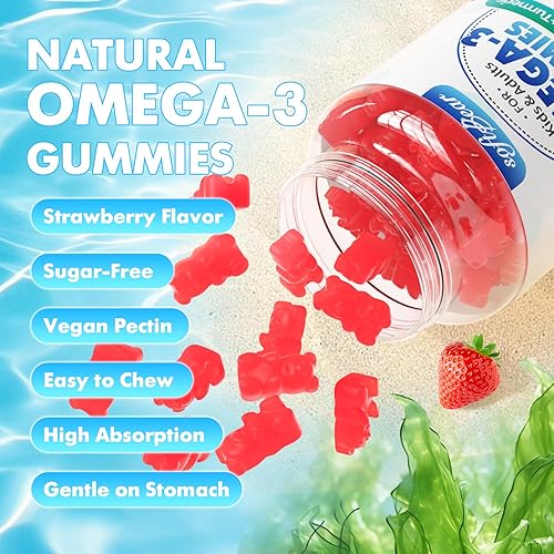 Miniatura 6 de softbear Gomitas Omega 3 para mujeres, hombres y niños, suplementos Omega 3 de 1200 mg de ácidos grasos veganos Omega 3 DHA EPA con vitaminas que
