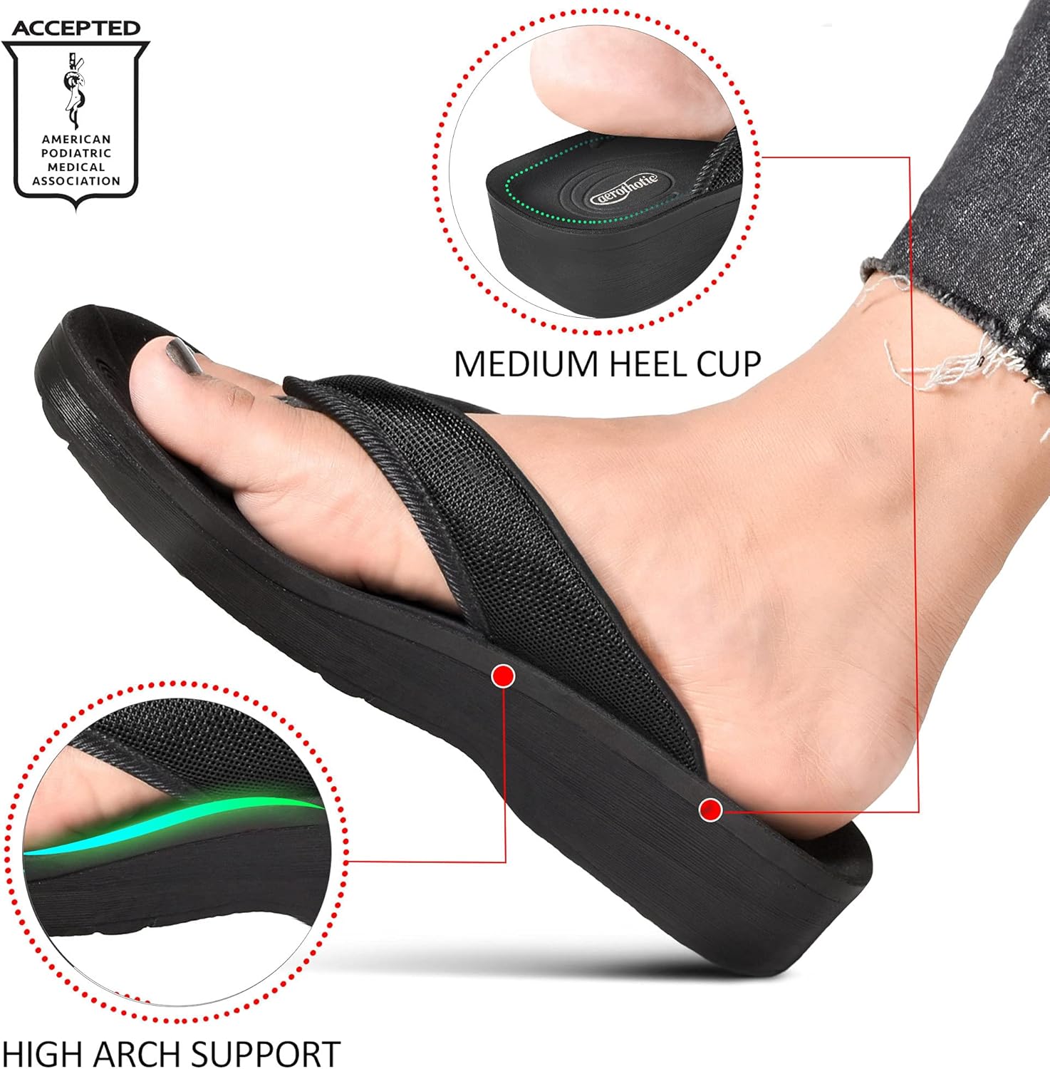 AEROTHOTIC Women's Arch Supportive Summer Orthotic Flip Flops Sandals 6 Black