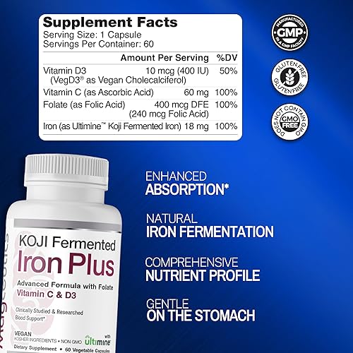 Miniatura 2 de Koji Fermented Iron Plus - Suplemento de hierro con vitamina C, vitamina D3 y folato para apoyo sanguíneo, fácil de absorber y biodisponible, apto