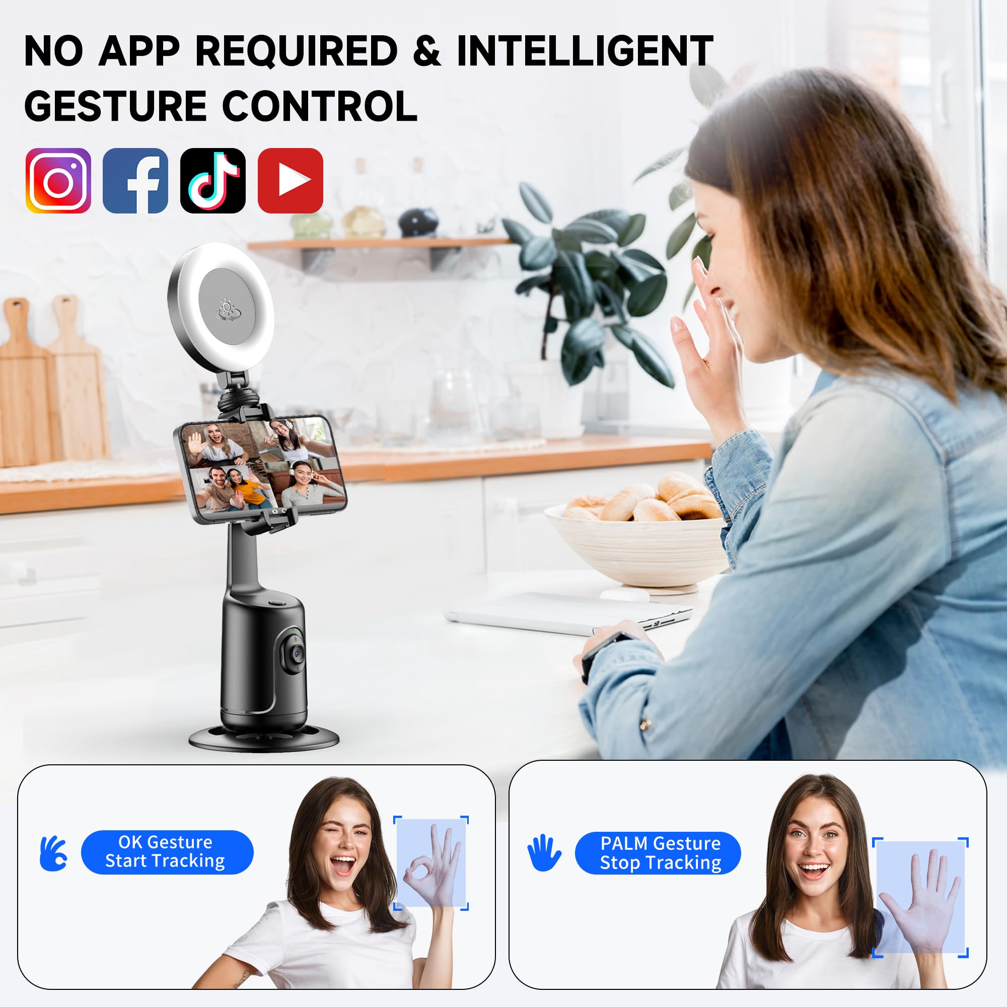 Auto Tracking Treppiede Smartphone con Luce Selfie, Supporto per Telefono Cellulare con Funzione di AI Tracciamento 360°del Viso e Telecomando, Stabilizzatore Gimbal Bastoni Selfie per iPhone/Android