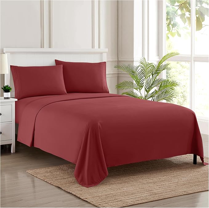 Twin XL Sheets - Breathable Luxury Sheets with Full Elastic & Secure Corner Straps Built In - 1800 Supreme Collection Extra Soft Deep Pocket Bedding Set, Sheet Set, Twin XL, Burgundy
