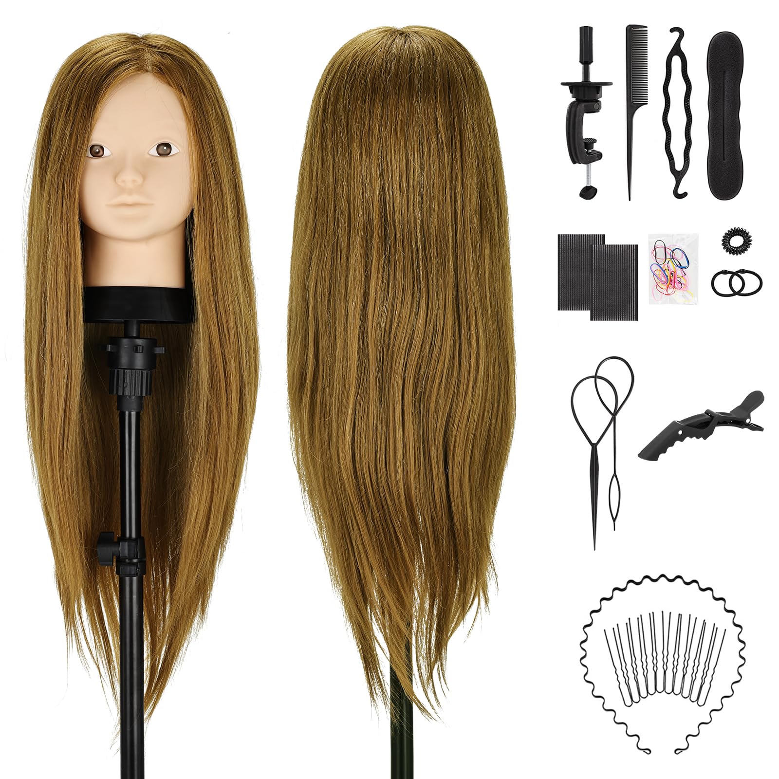 TwoWin Friseurkopf Echthaar, 26 Zoll (66 cm) 80% Haaren Mannequin Frisierkopf, Trainingskopf für Friseure für Styling & Friseurpraxis mit DIY Haare Frisuren Set (Rosa + Gelb)