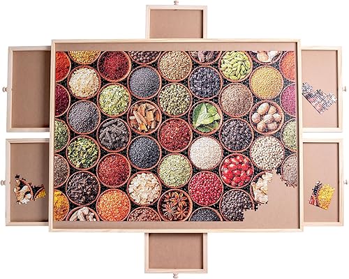 Miniatura 2 de Mesa de rompecabezas de madera de 2000 piezas que se puede girar, con 6 cajones y cubierta, mesa giratoria de rompecabezas Lazy Susan de 40 x 28