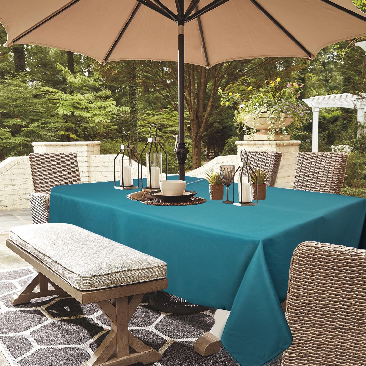 youngseahome Outdoor Tablecloth Wrinkle-Free Stain Resistant Waterproof Polyester Fabric Table Cover with Zipper Umbrella Hole for Picnic/Party/Dinner/Patio Garden(60×84inch,Zippered,Teal) — image 1