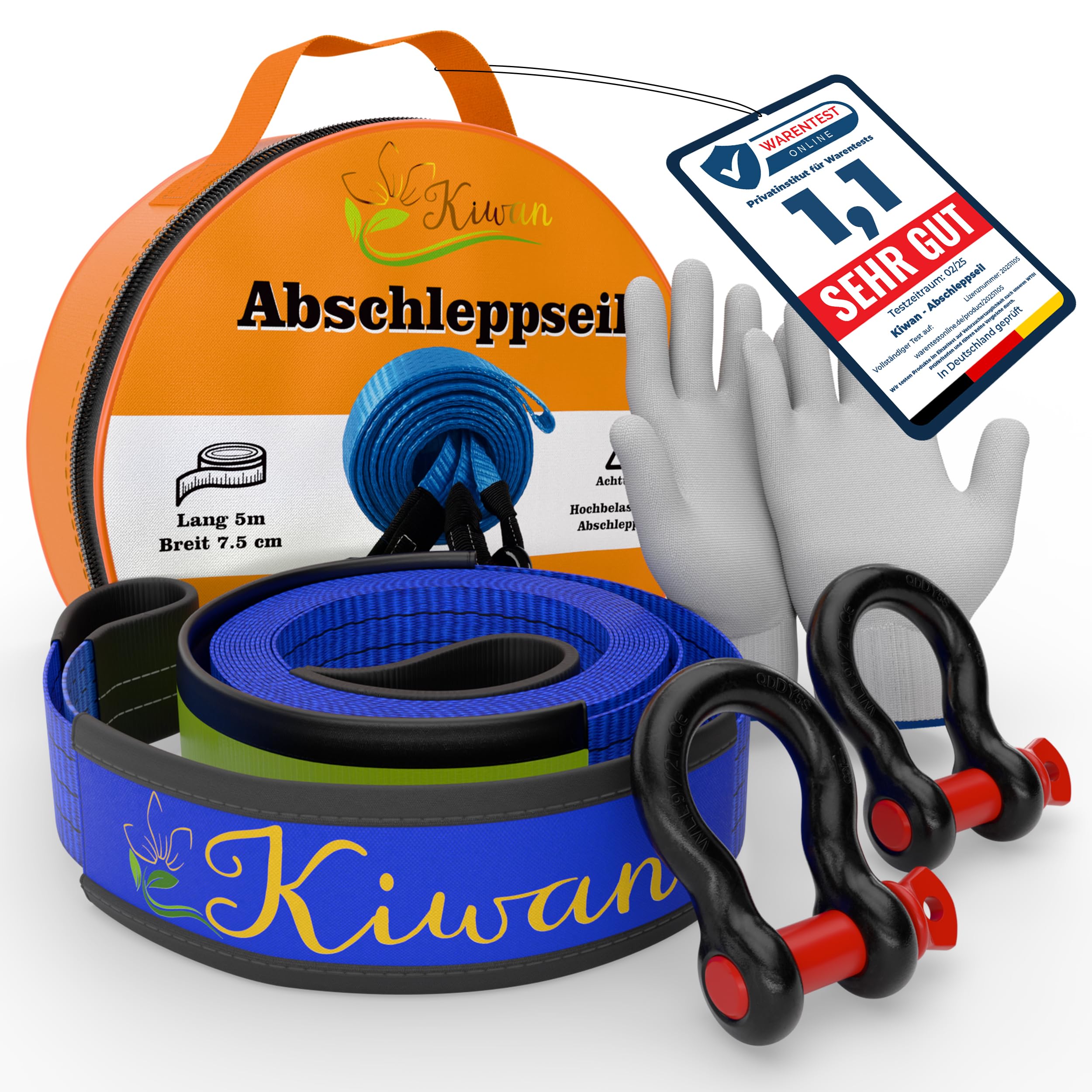 Kiwan Pro Abschleppseil WLL 10 t Maximale Sicherheit statt Bruchlast-Tricks 38 t Bruchlast Geprüfte Belastbarkeit XXL Schäkel 5 m x 7,5 cm Offroad Bergungsgurt für PKW SUV Transporter Wohnmobil