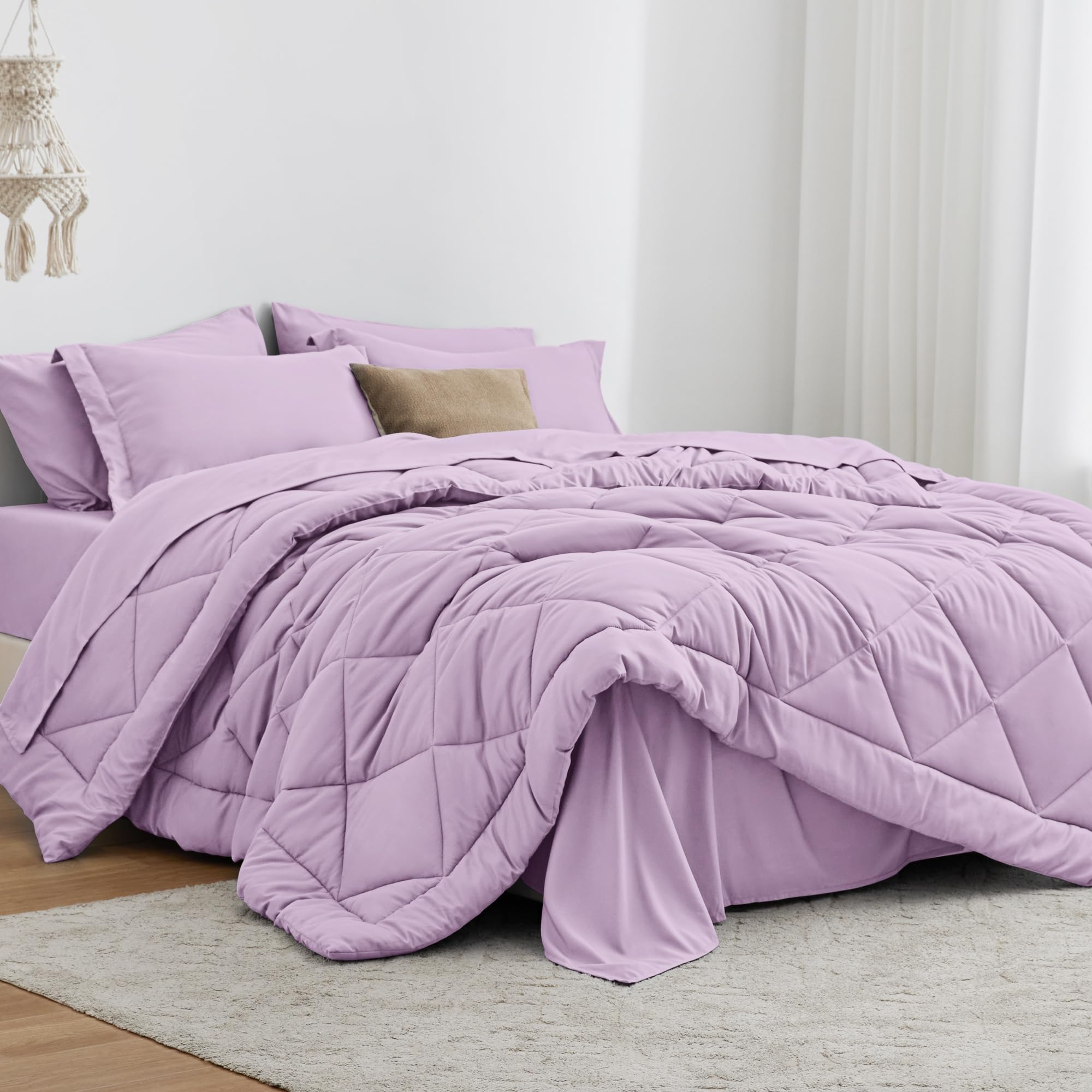 Love's cabinKing Size Comforter Set Light Purple, 7 Pieces King Bed in a Bag, All Season Bedding Sets with 1 Comforter, 1 Flat Sheet, 1 Fitted Sheet, 2 Pillowcase and 2 Pillow Sham