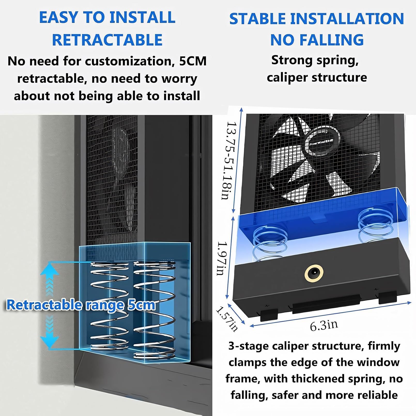 Extractor de aire vertical retráctil para ventanas corredizas: no requiere perforación, impermeable, velocidad variable, para dormitorios, espacios con humo, áreas calientes, 86-98cm/33.86-38.58inch