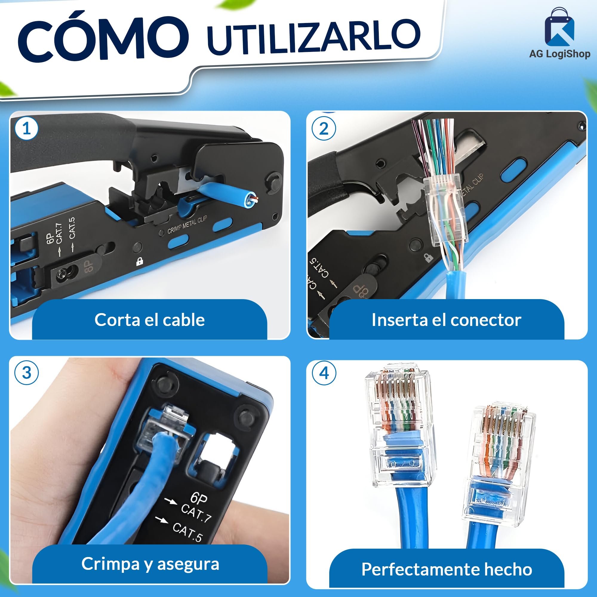 AG LogiShop Kit Herramienta de Crimpado RJ45 + Alicates + Pelacables + Comprobador de Conexión + 50pc Conectores + 50pc Fundas + Bolsa de Almacenamiento | Cat5/5e/6/7 + 6P/8P
