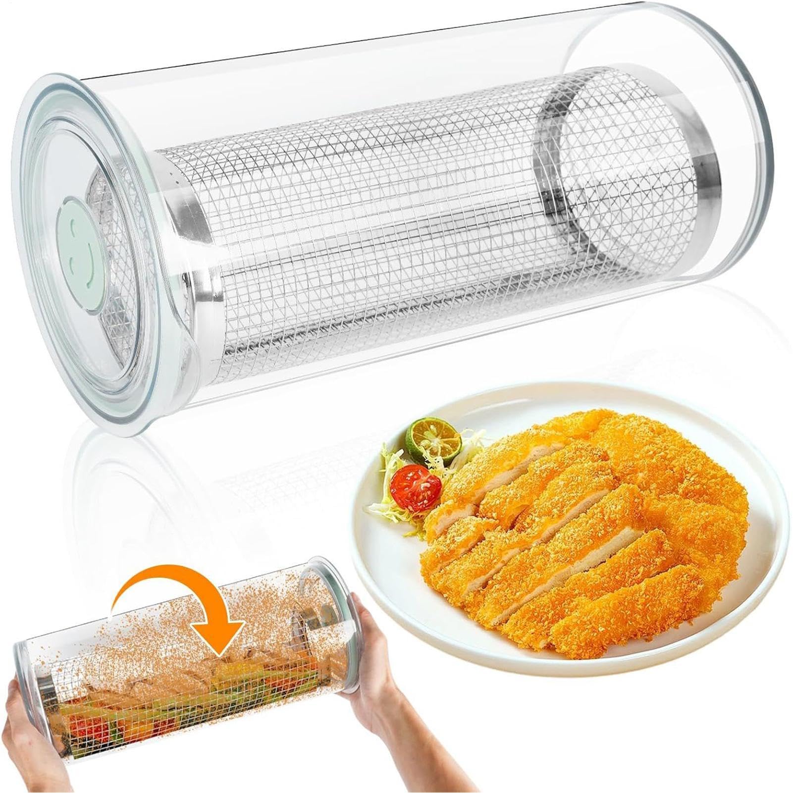 Coctelera para empanar – Acero inoxidable+PET | Dispensador transparente de 360 grados | Coctelera de de pescado con tapa | Para doméstico, horneado, preparación de comidas, Fri