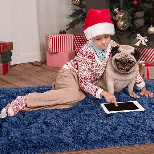 Miniatura 4 de Noahas - Alfombra de terciopelo ultra suave de 1,8 pulgadas para habitación de niños, alfombra moderna para decoración del hogar, Azul marino claro