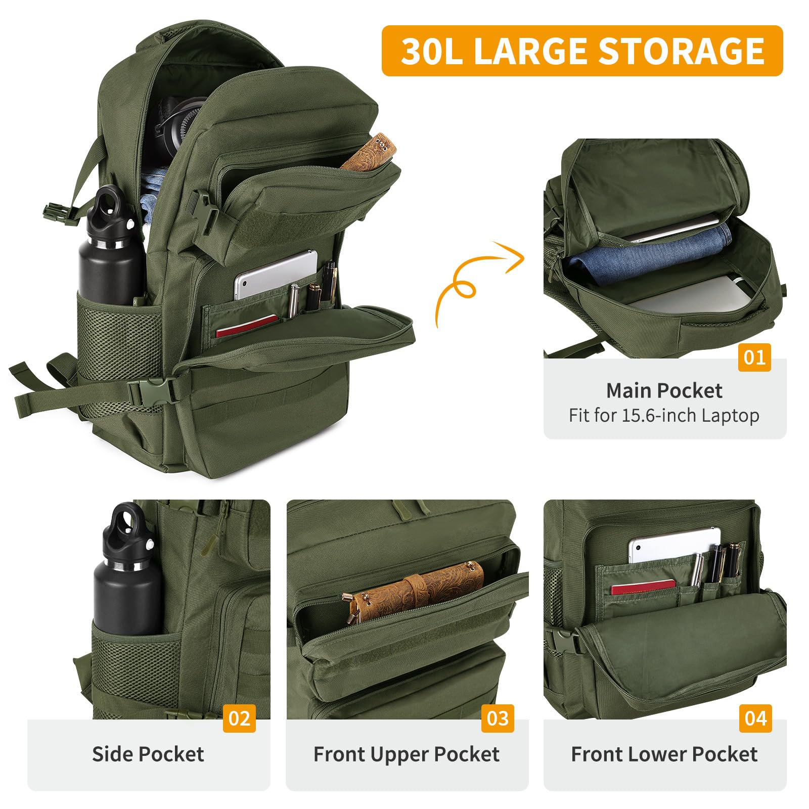 HUNTVP Sac a Dos Militaire, 30L Sacs à Dos de Randonnée Molle Tactique Sac D'assaut Armée pour Trekking, Voyage, Trekking, Camping, Escalade, En Plein Air (30L-Vert)
