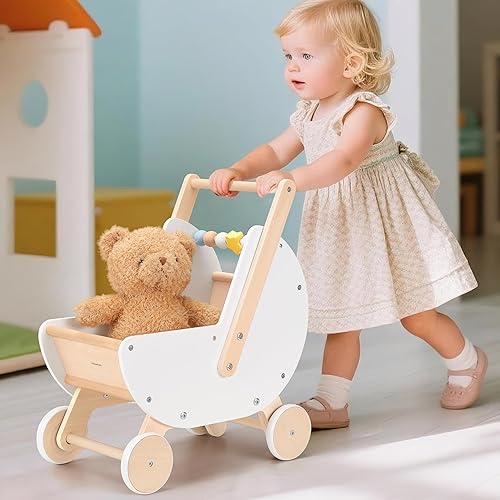 Miniatura 6 de Andador de madera y cochecito de muñeca  Carro de empuje con mango ajustable, antipunta, ruedas silenciosas, carrito de compras de simulación