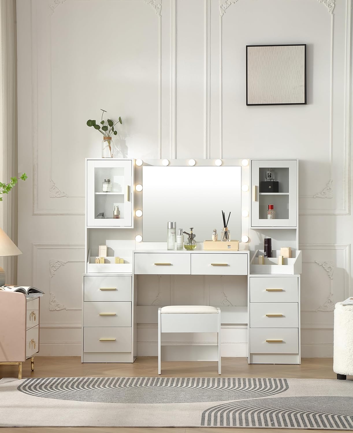 58.3'' Large Vanity with Folding Up Mirror and Lights,Makeup Vanity Desk with Mirror and Lights,Outlet, Chair and Two Makeup Organizers,Dressing Table for Bedroom,White