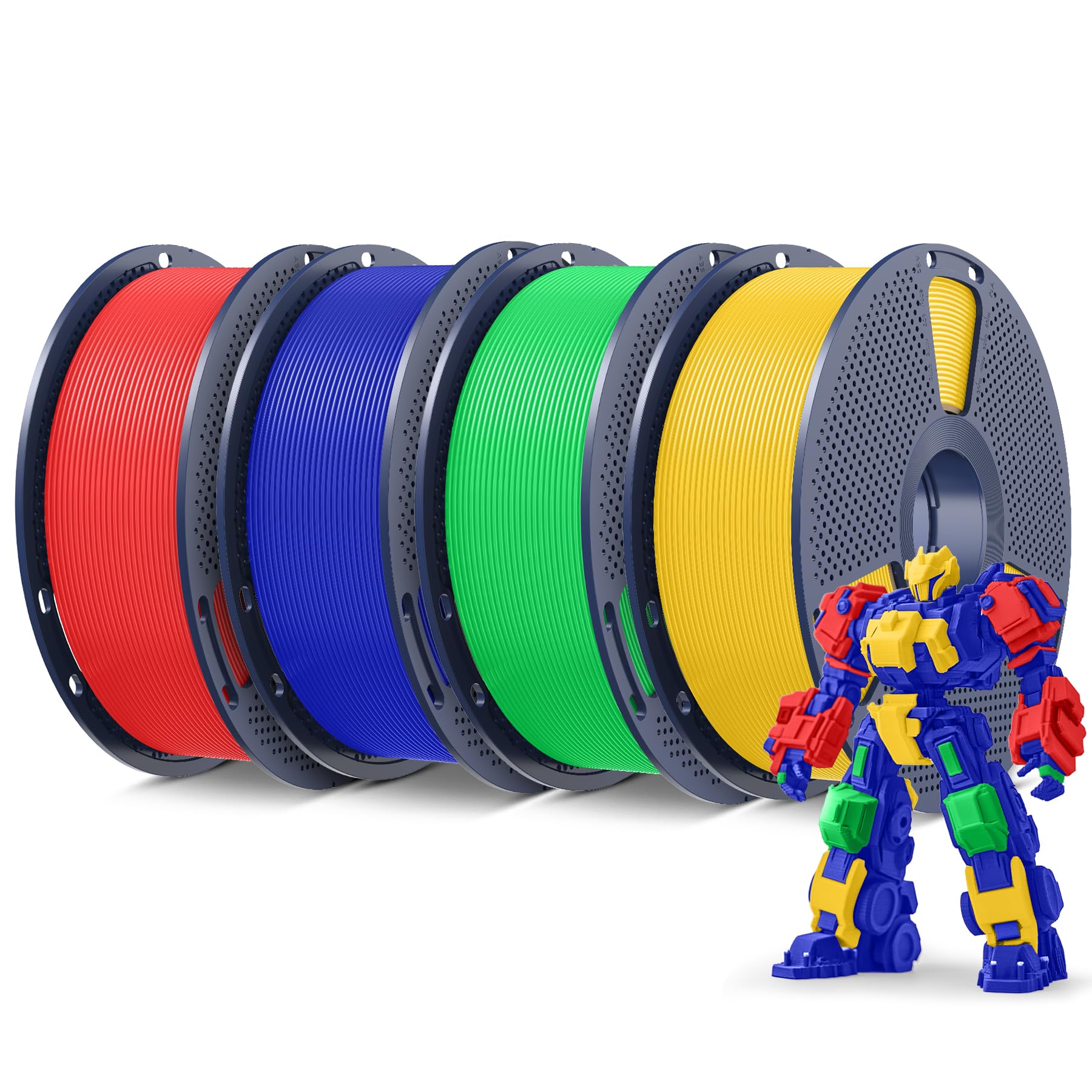 SUNLU Filamento PLA+ 4KG, Filamento PLA Plus per Stampanti 3D 1.75mm ±0.02mm, Maggiore Tenacità, 1kg/Bobina, 4 Bobine, Rosso+Blu+Verde+Giallo brillante