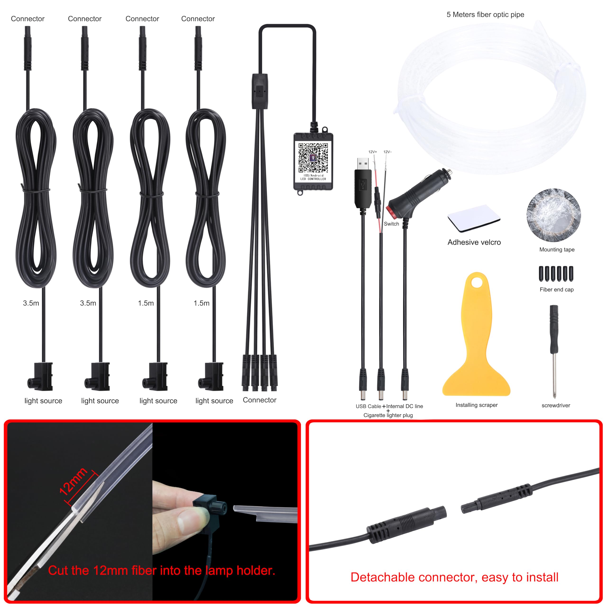 QAUBEN 5 m Optic Fiber Cable Car Ambient Lighting with Bluetooth App Control 64 Colors Multicoloured Music Interior Lighting Kit 12V 1W