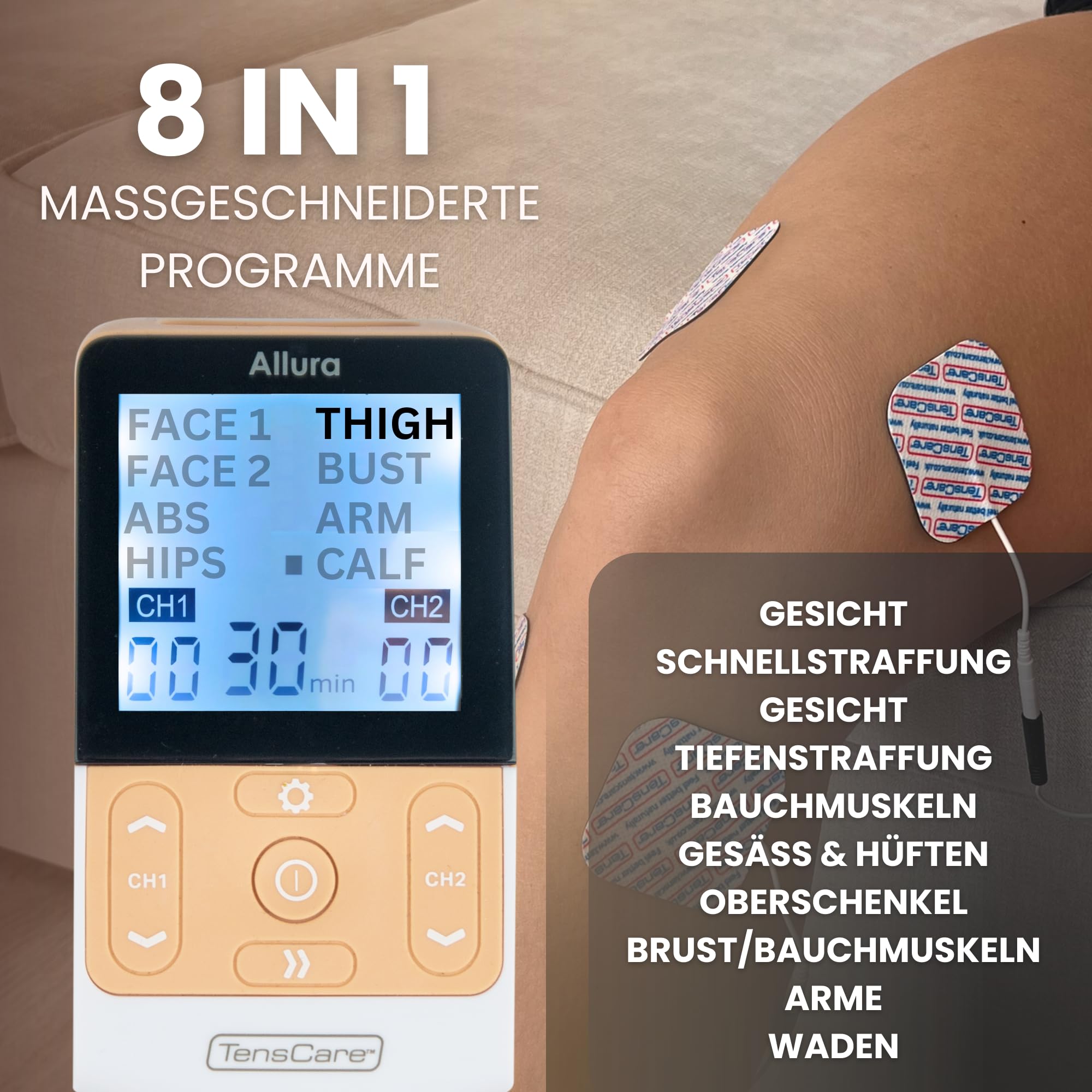 TensCare Allura 8-in-1 EMS Massager für Ganzkörperformung, Erholung nach der Geburt, Reduzierung von Cellulite und Gesichtsstärkung.