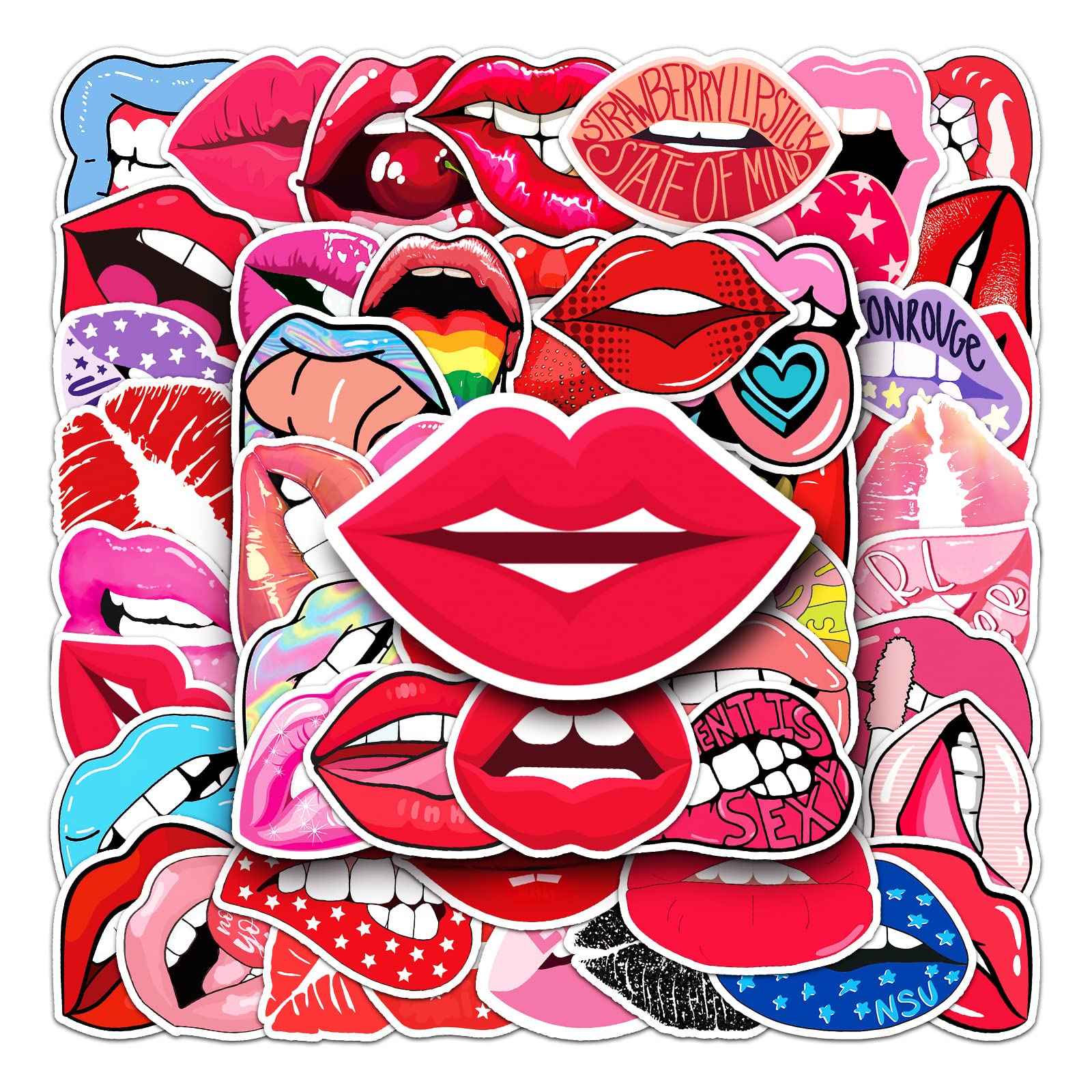 Bric dodo 50Pcs Red Lips Graffiti Stickers, Waterproof & Reusable, PVC Material, Perfect for Laptops, Skateboards, Cars & More