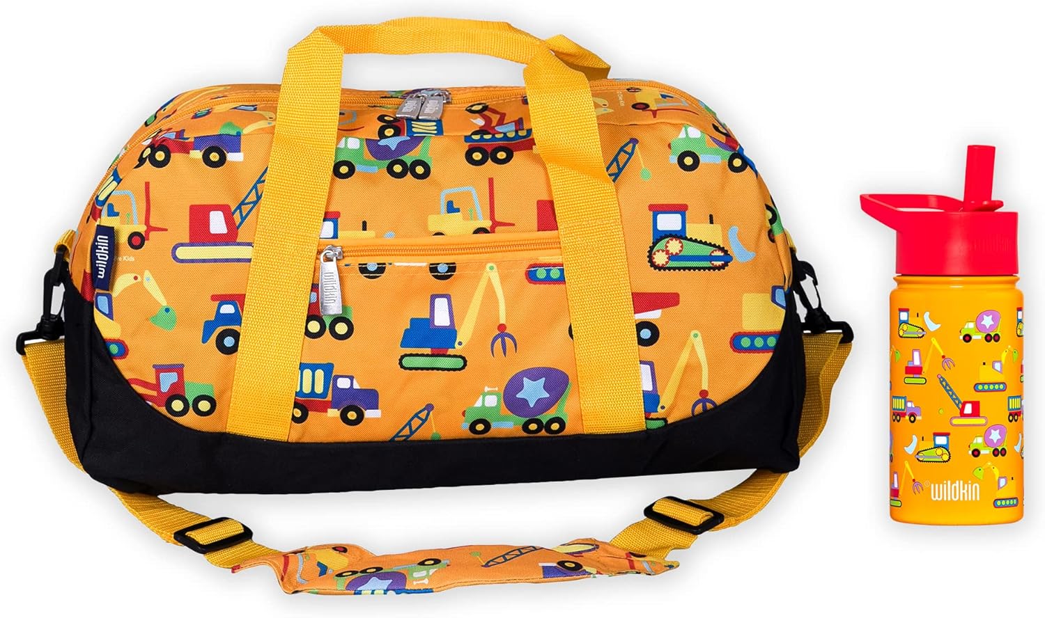 Wildkin Overnighter Duffel Bag Bundle with 14 Oz Stainless Steel Water Bottle – Durable, Lightweight Travel & Weekend Set for Kids - Under Construction