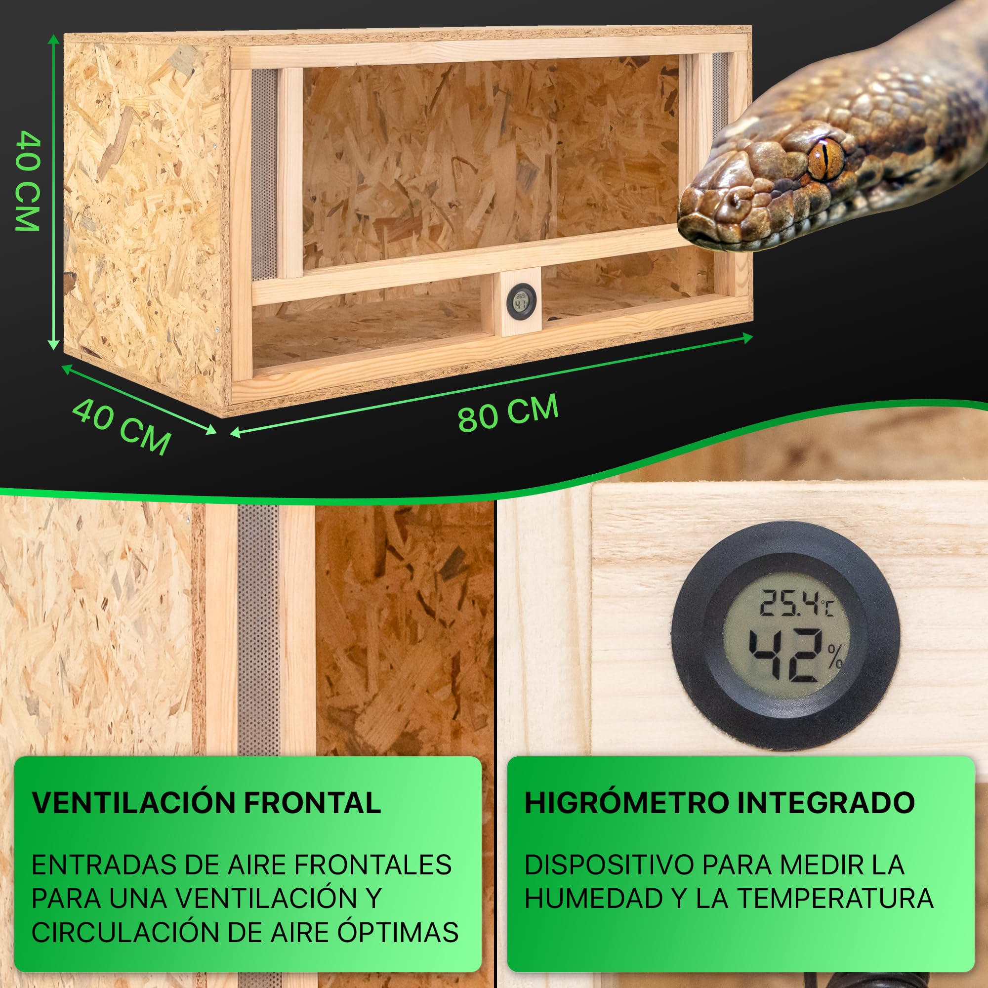 ITA Terrario de Madera 80x40x40 cm con ventilación Frontal e higrómetro Integrado - Terrarios de OSB-3 - para Reptiles, Serpientes, Anfibios - Producto UE, Certificado FSC