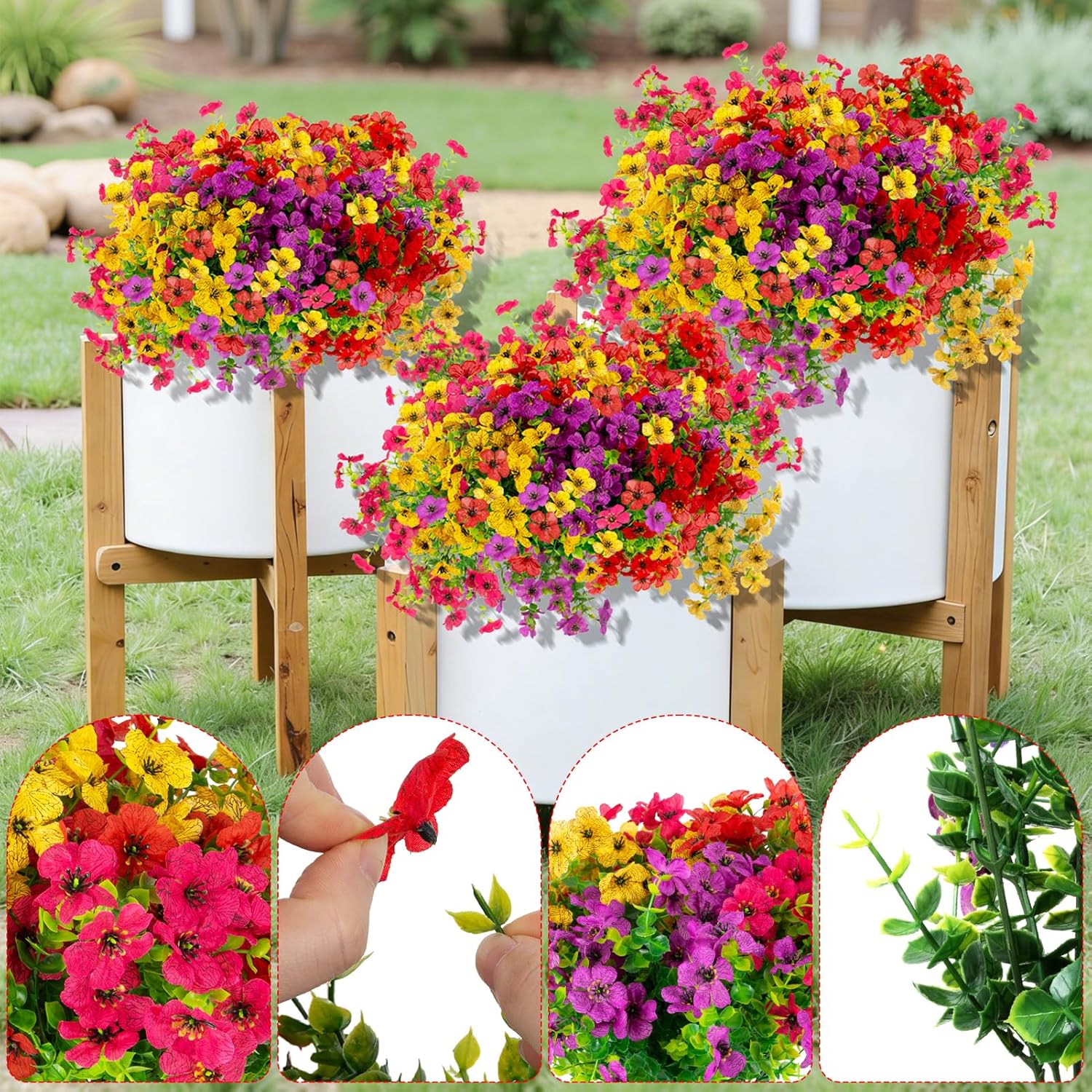 12 Bundles Artificial Flowers for Outdoor Multicolor Fake Plastic Flowers Faux Plants for Decoration Hanging Planters Indoor Outside Garden Porch (Red,Purple,Yellow,Rose Red) - Image 7