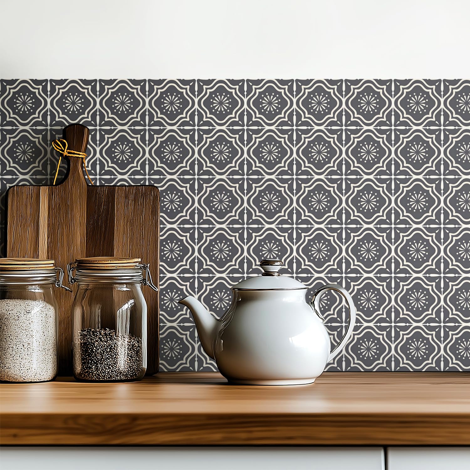 Photo 1 of 30 Count Moroccan Tile Decals 4?in – Self Adhesive Vinyl Wall Stickers, Waterproof Peel & Stick for Kitchen Backsplash, Bathroom, Stair Tread Accent, Neutral Tan/Black (Grey)