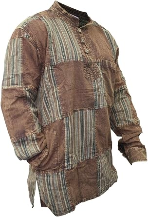 Shopoholic Fashion Mens Stonewashed Plain Stripe Patch Hippie Shirt