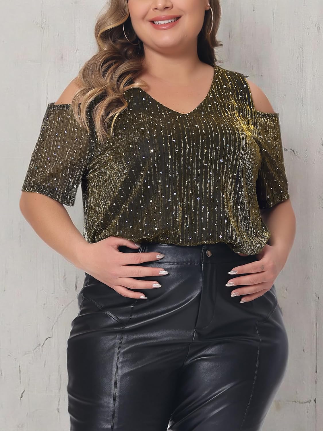 Agnes Orinda Plus Size Tops for Women Glitter Sequin Cold Shoulder Short Sleeve Party Basic Blouses Tee Tops - Image 6