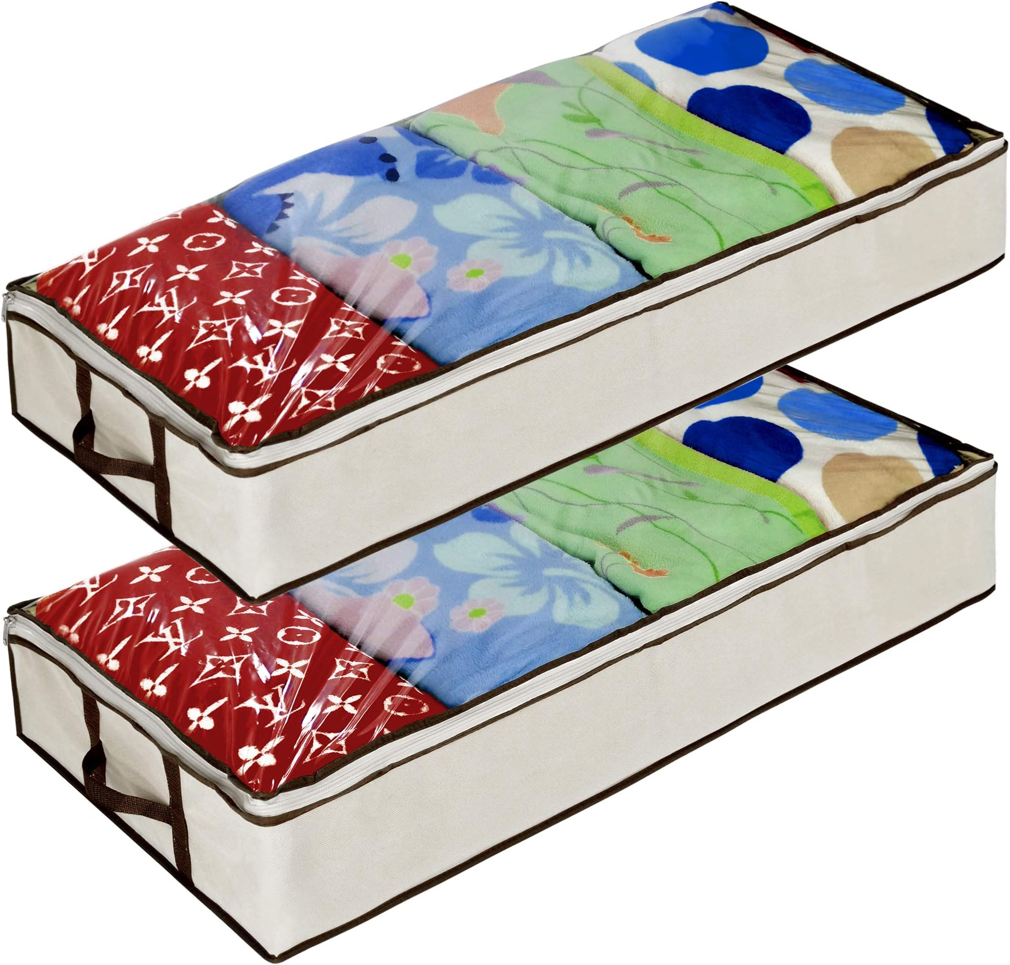 Ziz Home Zippered Under Bed Storage Bag 2 Pack | Used for Underbed Clothes Storage Linen Storage Blanket Storage Sweater Storage Duvet Storage Bins Clear Window