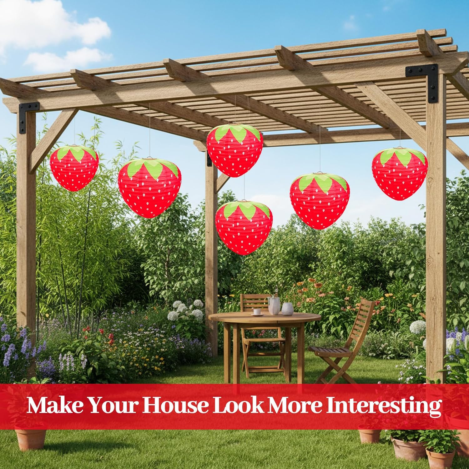 3 Pcs Strawberry Paper Lanterns 8" & 12" Red Large Strawberry Lantern Party Decorations Hanging Strawberrys Decor for Room, Birthday Party Baby Shower Wedding Garden