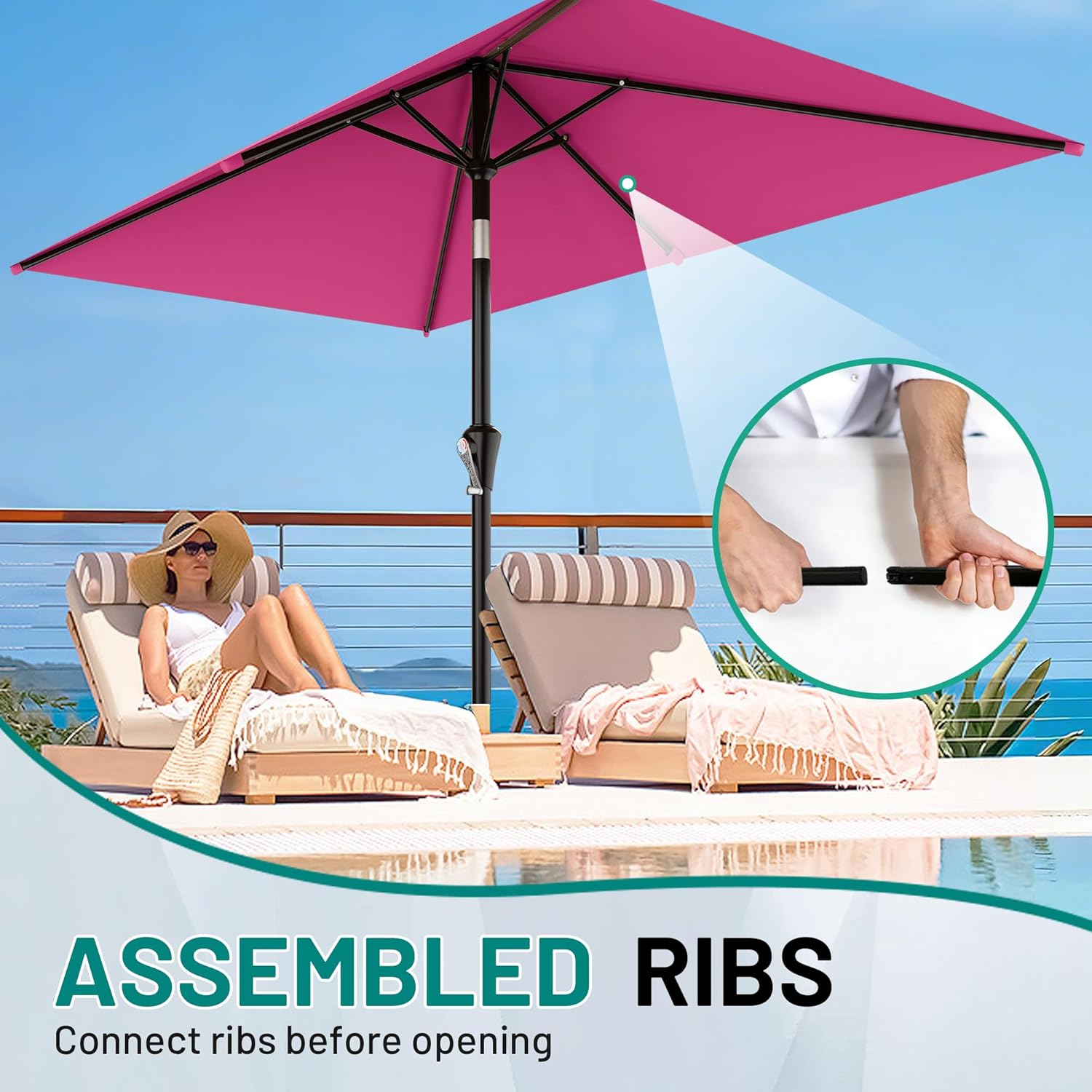 AreShark 6.5' x 10' Rectangular Patio Umbrellas for Outdoor, Outdoor Table Umbrella, Large Outdoor Patio Umbrellas with 6 Sturdy Ribs for Pool, Garden, Deck & Market (Rose Pink)
