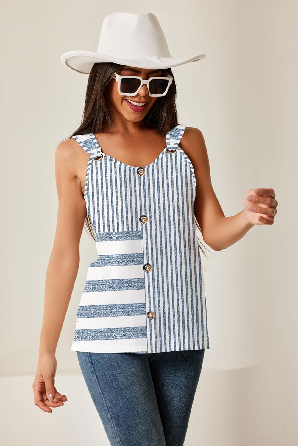 Womens Summer Tops Scoop Neck O Ring Shoulder Tank Tops Casual Sleeveless Button Front T Shirt Blouse - Image 2