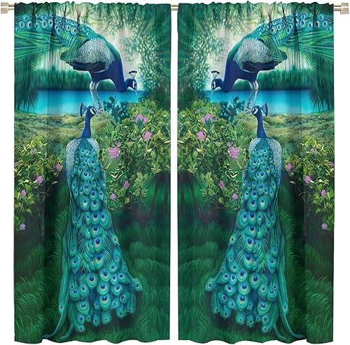 Miniatura 97 de Cortina opaca con estampado de pavo real, con estampado de animales retro, con bolsillo para cortinero y flores de peonía doradas, para dormitorio,