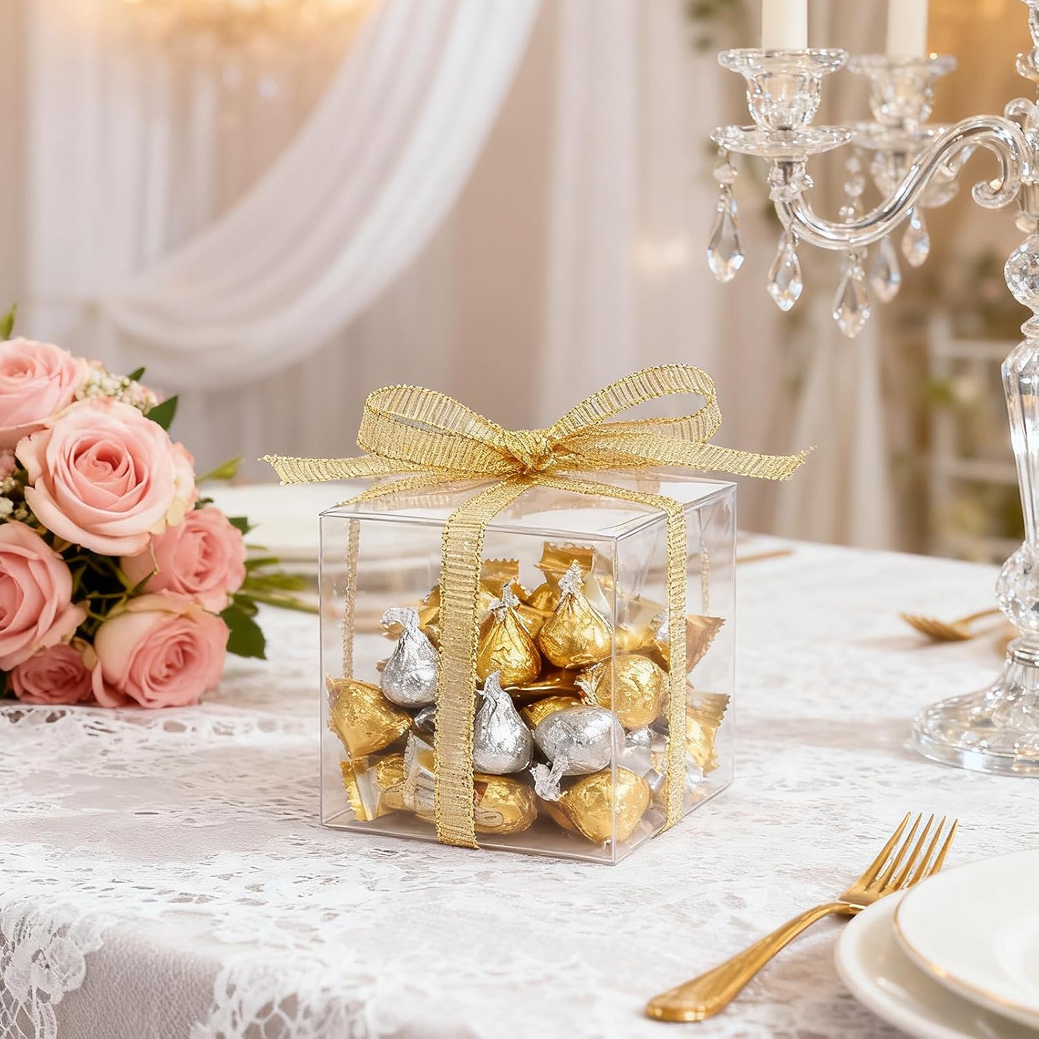 Gabrella 60 Pack Clear Favor Boxes, 2x2x2 Inch Candy Boxes with Ribbons, Small Candy Containers Plastic Gift Box for Macaron, Wedding, Baby Shower, Birthday, Party Favors image 5